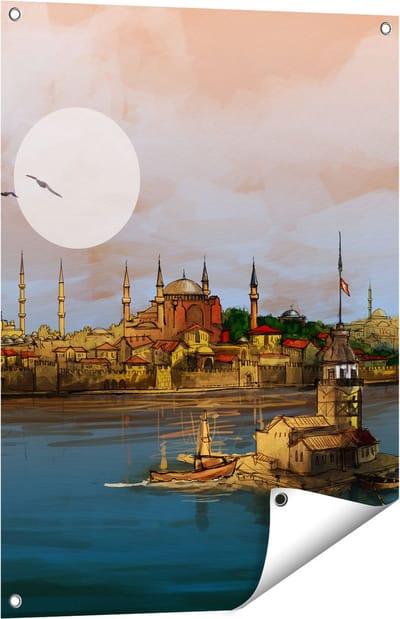 Gards Tuinposter Illustratie van de Maiden's Tower in Istanbul - 60x80 cm - Tuindoek - Tuindecoratie - Wanddecoratie buiten - Tuinschilderij