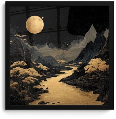 Poster in lijst - Fotolijst 40x40 cm - Posters - Gouden rivier - Bergen - Maan - Sterrenhemel - Posterlijst zwart - Decoratie - Wanddecoratie woonkamer - Muurdecoratie slaapkamer