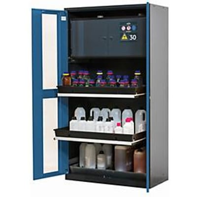 Chemicaliënkast asecos CS-CLASSIC-GF, scharnierende deuren met glasuitsparing, front gentiaanblauw, B 1055 x D 520 x H 1950 mm