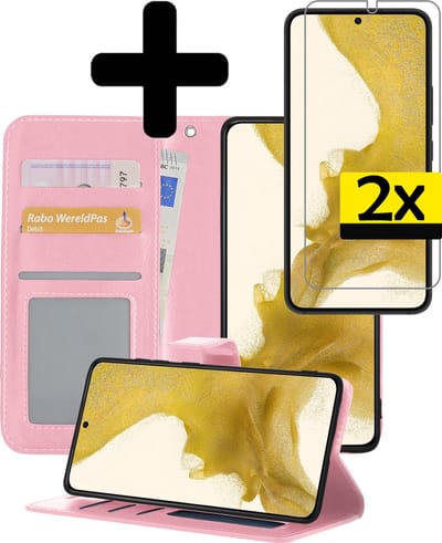 Hoesje - Met 2x Screenprotector - Geschikt voor Samsung Galaxy S22 Plus - Luxe Pasjeshouder - Bookcase Portemonee - Flip Case - Kunstleer Book Case - Flipcase Hoes - Book Cover - Walletcase - Portemonneehoes - Telefoonhoesjes - Lichtroze