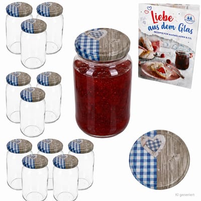 12-delige set ronde glazen 720 ml To 82 houten hart blauw deksel incl. Diamant Gelierzauber receptenboekje