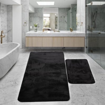 Famanu – Antislip badmat badtapijt Zwart - set van 2 (60 x 100 cm)+(50 x 60 cm) Relax pluche - Zachte bad - en douchemat machinewasbaar - sneldrogend badmat