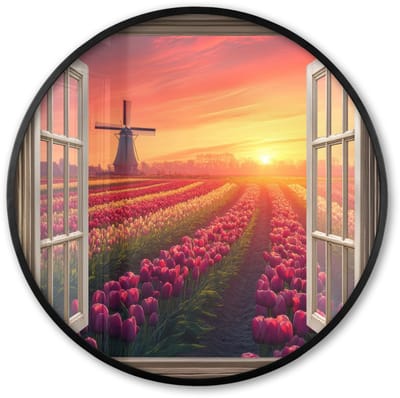 Poster in lijst Rond - Fotolijst 60x60 cm - Posters - Doorkijk - Tulpen - Zonsondergang - Bloemen - Kleurrijk - Ronde posterlijst zwart - Decoratie - Wanddecoratie woonkamer - Muurdecoratie slaapkamer