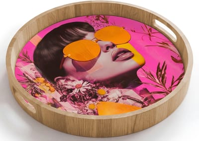 Dienblad rond 40x40 cm - Schootdienblad hout - Zonnebril - Oranje - Vrouw - Planten - Borrelplank rechthoek - Plateau houten dienbladen