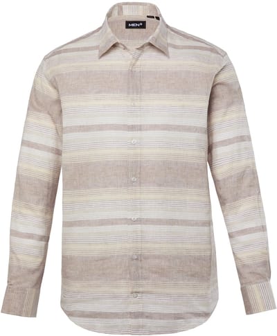 Men Plus - Heren - Linnenmix-streepshirt lange mouwen Kentkraag Comfort Fit - Zand - Maat 3XL