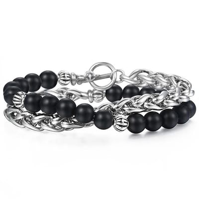 Victorious Set Stalen/Natuurstenen Kralen Armbanden Heren – RVS Roestvrij Staal – Zilver/Zwart – 17cm