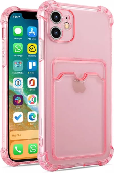 Anti Shock doorzichtig siliconen schokproef backcover met Pashouder - telefoonhoesje met vakje voor pasje - telefoonhoesje met vakje voor pasje - Geschikt voor Appel iPhone 12 - Roze/Transparant