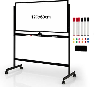 COSTWAY Mobiel whiteboard, 120 x 60 cm, dubbelzijdig magnetisch whiteboard met standaard en wielen, droog afwasbaar, verstelbaar whiteboard incl. accessoires voor thuis, kantoor en school, zwart