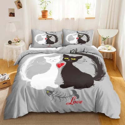Parure de lit imprimée recto verso 3 pièces, housse de couette et oreillers en forme de chat mignon avec dessin animé US Queen228x228cm