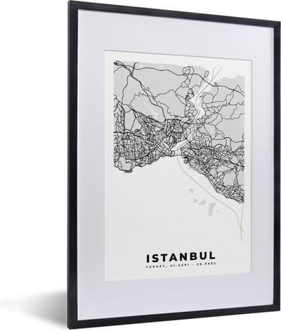 Fotolijst incl. Poster Zwart Wit- Istanbul - Plattegrond - Stadskaart - Zwart Wit - Kaart - 30x40 cm - Posterlijst