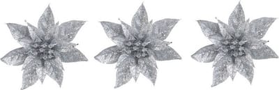 3x Kerstboomversiering op clip zilveren glitter bloem 15 cm - kerstboom decoratie - zilveren kerstversieringen