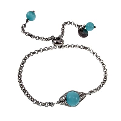 Armband Dames - Gepolijst RVS - Ronde Schakelarmband met Turquoise kattenoogsteen - Verstelbaar met Schuifsluiting 15 tot 20cm