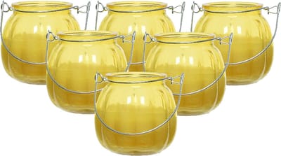 Decoris Citronella kaars voor buiten - 6x - glas - geel - 15 branduren - D8 x H8 cm - citrus geur