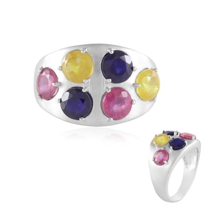 Cavill - Zilveren Ring - 925 Sterling Zilver Gerhodineerd - Madagaskar Roze, Gele en Blauwe Saffier Rond 3.6ct - Elegante Ring Vrouw Modern