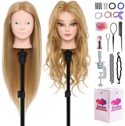 Mannequin Hoofd - Echt Menselijk Haar - Kappershoofd - Oefenhoofd - Stylinghoofd - 60 Cm - Make-up Functie - Vlechtset - Blauwe Ogen - Kappers Training - 60% Menselijk Haar