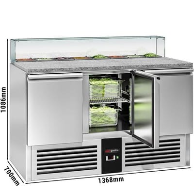 GGM Gastro Saladette PREMIUM - 1368mm - 3 Türen - mit Glasaufsatz für 8x GN 1/6 Zilver