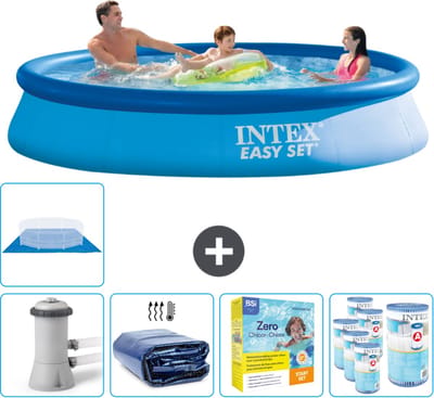 Intex Rond Opblaasbaar Easy Set Zwembad - 366 x 76 cm - Blauw - Inclusief Pomp Solarzeil - Onderhoudspakket - Filters - Grondzeil