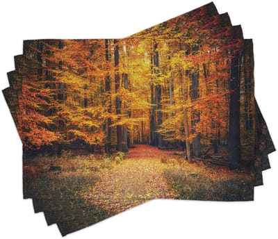 ABAKUHAUS bos-placematten, magische herfstfoto in nationaal park met levendig bladpatroon, eco-aarde-mystiek-thema, gemaakt van kleurvast stof, voor eetkamer en keuken, oranje-bruin