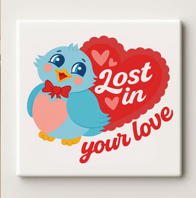 Lost in Your Love Keramische Tegel 15x15 cm – Schattige Blauwe Vogel met Hart Ontwerp – Romantische Wanddecoratie & Perfect Cadeau voor Valentijnsdag of Jubileum