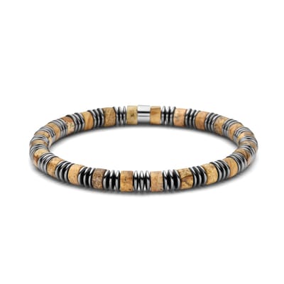 Frank 1967 - 7FB-0789 - kralenarmband heren met stalen onderdelen - picture stone hematiet - bruin - 19 cm