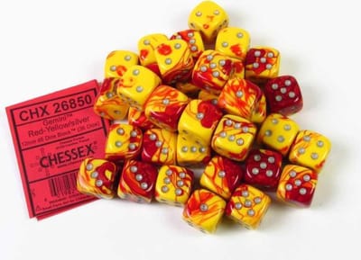 Chessex Gemini Rood-Geel/Zilver D6 12mm Dobbelsteen Set (36 stuks)