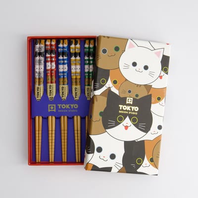 Tokyo Design Studio - Kinderen Eetstokjes Geschenkset - Katten - 5 Paar - 18 cm