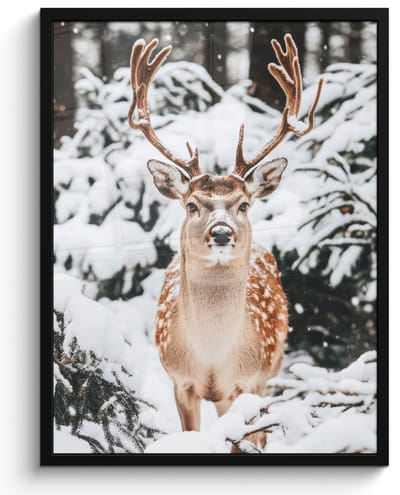 Poster in lijst - Fotolijst 50x70 cm - Posters - Hert - Sneeuw - Winter - Bos - Dieren - Posterlijst zwart - Decoratie - Wanddecoratie woonkamer - Muurdecoratie slaapkamer