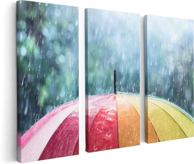 Artaza Canvas Schilderij Drieluik Regenboog Paraplu met Regen - 120x80 - Foto Op Canvas - Canvas Print