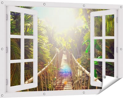 Gards Tuinposter Doorkijk Houten Brug in de Tropische Jungle - 120x80 cm - Tuindoek - Tuindecoratie - Wanddecoratie buiten - Tuinschilderij