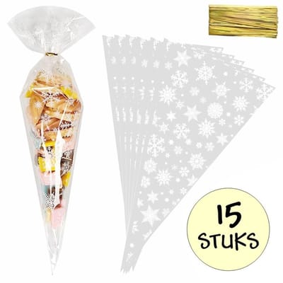 15x Cellofaan Puntzakken Sneeuwvlok 30x16 cm - Puntzak Snowflake - Traktatie Zak - Uitdeelzak - Snoepzak - Sneeuwvlokken Design - Inclusief Sluitstrips - 16x30 cm - 15 Stuks