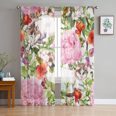 Bloem Kat Pioenplant Tule Transparante Gordijnen voor Woonkamer de Kamer Slaapkamer Keuken Decoratie Voile Organza Gordijnen 135W x 114H(cm) white