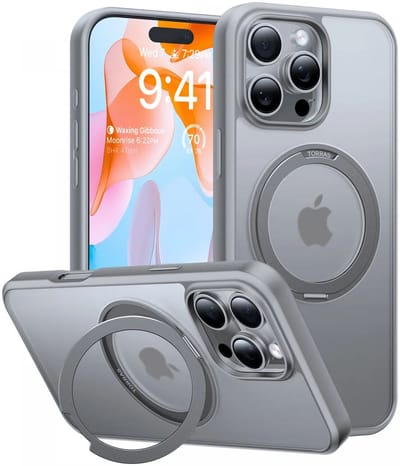 TORRAS Hoesje Geschikt voor Apple iPhone 16 Pro - UPro Ostand Pro - Compatibel met MagSafe - Back Cover met Magneet - 360° Draaibare Ring Standaard - Grijs