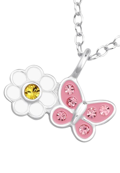 Madelief Bloemen met Vlinder Kinderketting van Sterling Zilver met Kristal en Epoxy