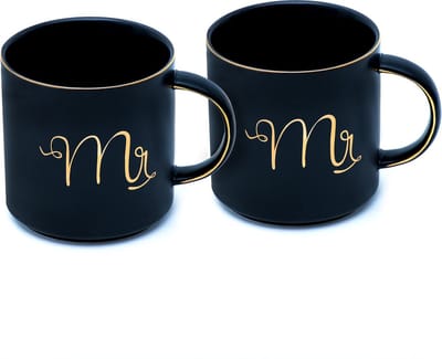 Intirilife koffiemok in zwart met gouden rand en inscriptie Mr en Mr op elk kopje - 300 ml inhoud - theekop cadeau mok met handvat bruiloft