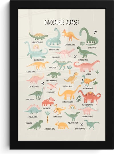 Poster in lijst - Fotolijst 20x30 cm - Posters - Dinosaurus alfabet - Leren voor kinderen - Dino's - Educatief - Posterlijst zwart - Kamer decoratie - Wanddecoratie kinderkamer - Muurdecoratie babykamer