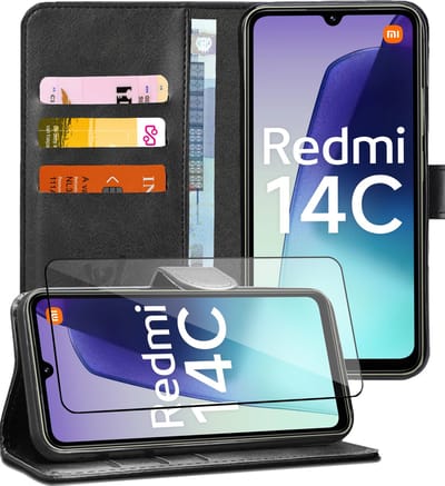 Hoesje geschikt voor Xiaomi Redmi 14C / Redmi A4 / Poco C75 - Screenprotector Glas - Portemonnee Book Case Zwart