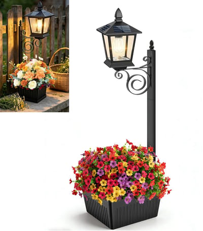 2-in-1 Solar lantaarnpaal met plantenbak - Waterdichte buiten bloempot - Solar lamp paal voor tuin, terras, veranda en achterdeur - 70 cm hoog