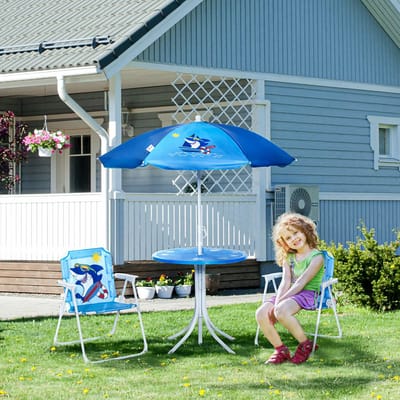 Pugsdrly 4-delige kinderzitgroep voor in de tuin Tuintafel 2 klapstoelen Parasol Camping kinderzitgroep Tuinmeubelen voor 3-6 jaar Blauw