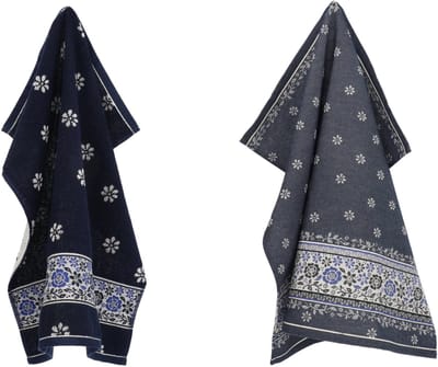 Luxe Keukendoek en Theedoek Belle Fleur Donkerblauw - Bunzlau Castle - 100% biologisch katoen - Keukendoek 60x53cm en Theedoek 65x65cm