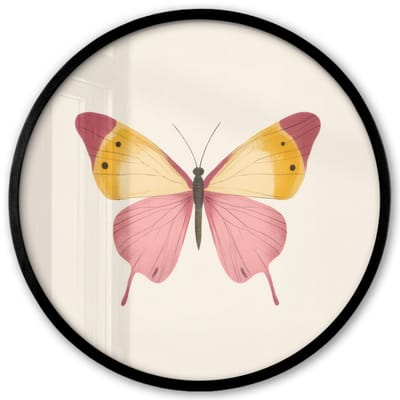 Poster in lijst Rond - Fotolijst 40x40 cm - Posters - Vlinder - Illustratie - Roze - Ronde posterlijst zwart - Decoratie - Wanddecoratie woonkamer - Muurdecoratie slaapkamer