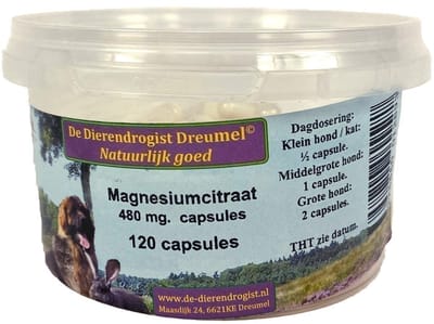 Magnesium Citraat Capsules 480mg Dierendrogist - Aanvullend Voedingssupplement Honden Katten - 120 Stuks