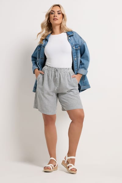 Yours Blauwe Gestreepte Shorts Met Trekkoord Size 50-52