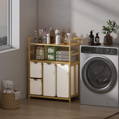 iEGrow Wasmand met 4 vakken, 150 l, wasmand, 4 vakken, 2 planken, bamboe waswagen met legplank voor vuile was, push-pull waszak van Oxford-weefsel, 2 x 50 l, 2 x 25 l wasbox, beige