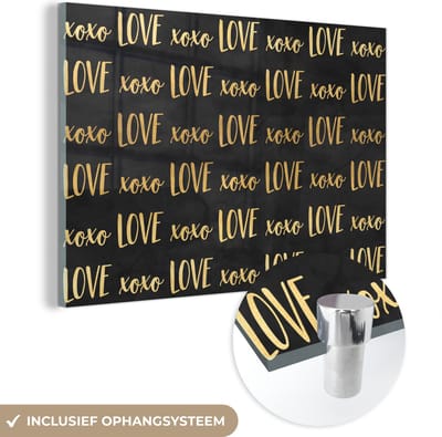 MuchoWow® Glasschilderij 60x40 cm - Schilderij acrylglas - Patronen - Love - Goud - Zwart - Foto op glas - Schilderijen