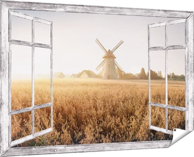 Gards Tuinposter Doorkijk Windmolen in het Veld - 180x120 cm - Tuindoek - Tuindecoratie - Wanddecoratie buiten - Tuinschilderij