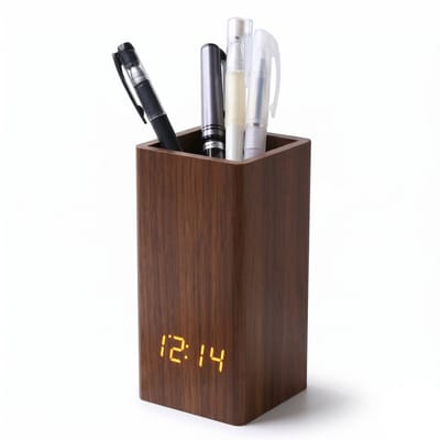 TIN-IN Digitale klok - Bureauklok - Wooden look - Zwart + Witte cijfers - Pennenbakje