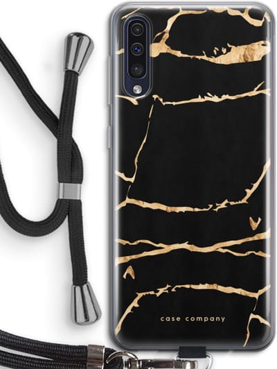 Case Company® - Hoesje met koord geschikt voor Samsung Galaxy A50 hoesje met Koord - Gouden marmer - Telefoonhoesje met Zwart Koord - Bescherming aan alle Kanten en Over de Schermrand