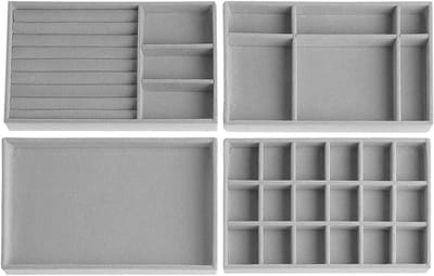 Candala 4 stuks sieradenopslag lade, sieradendienblad, sieradenkistje, fluwelen sieradenorganizer, stapelbaar, sieradenorganizers voor sieraden, oorbellen, armbanden, ringen, opbergen (grijs)