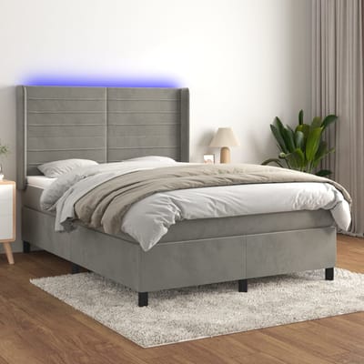 vidaXL - Boxspring - met - matras - en - LED - fluweel - lichtgrijs - 140x190 - cm