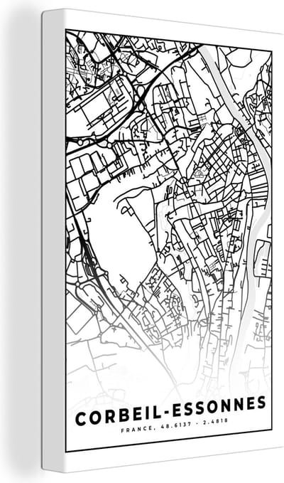 Canvas Schilderij Kaart - Corbeil-Essonnes - Stadskaart - Frankrijk - Plattegrond - Zwart wit - 20x30 cm - Wanddecoratie